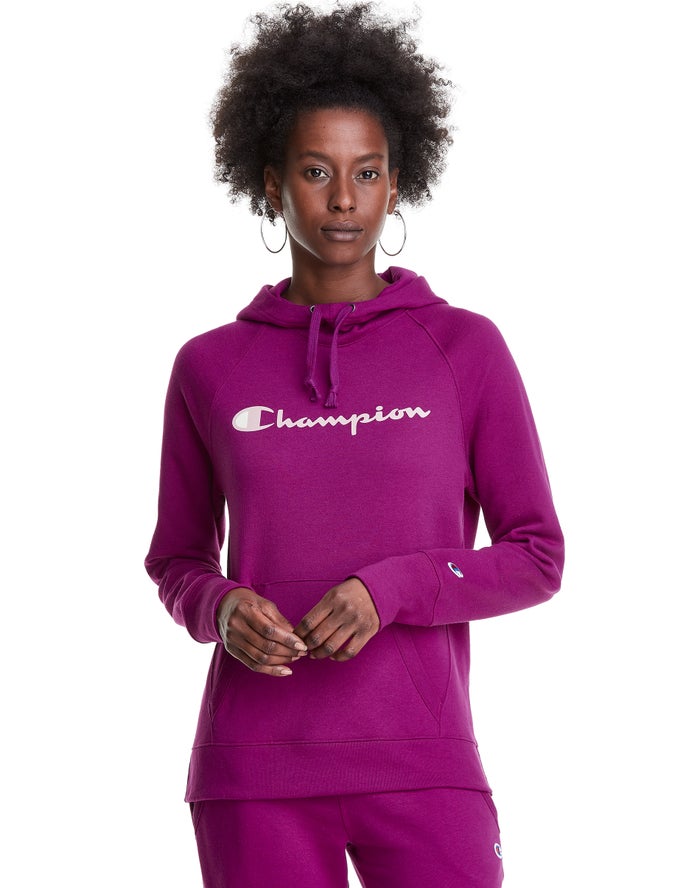 Champion Womens Hoodie NZ - Powerblend Fleece Script Logo Purple ( 9824-LSEMT )